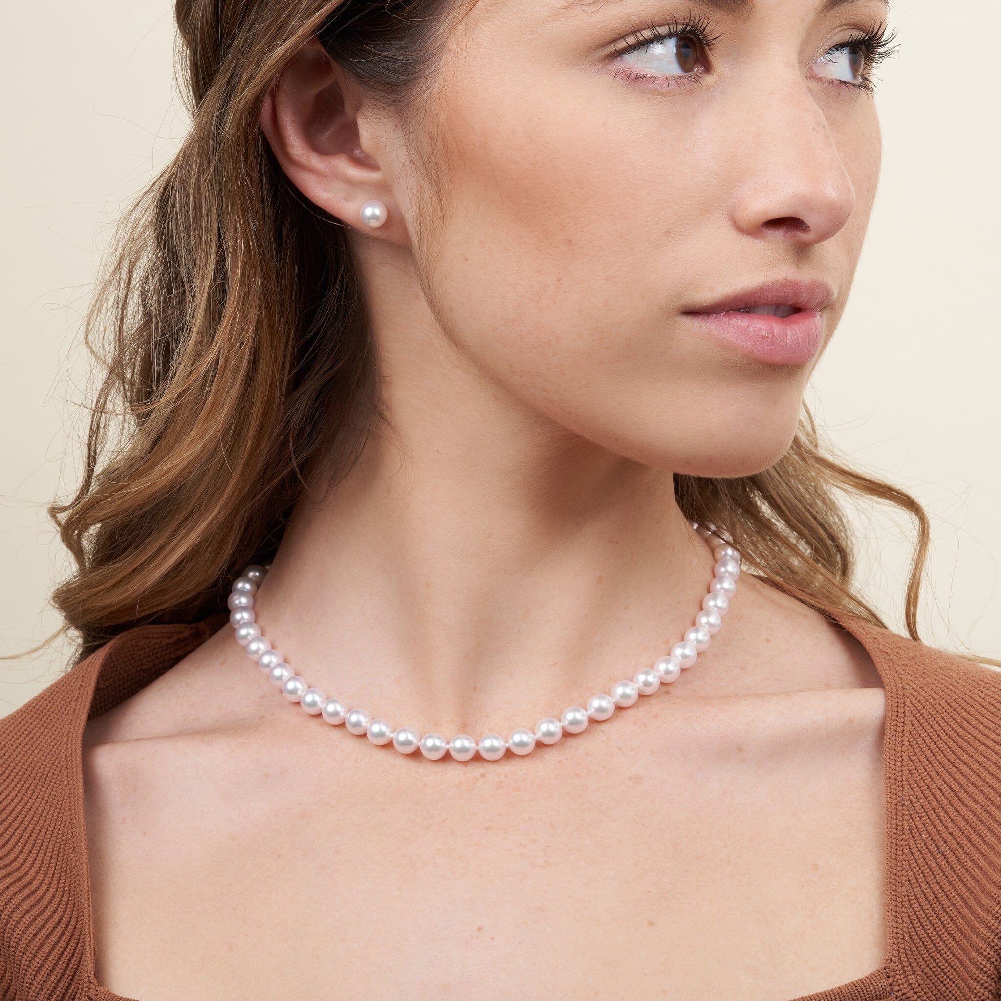 7.0-7.5 mm White Akoya 16 inch AAA Pearl Necklace on model
