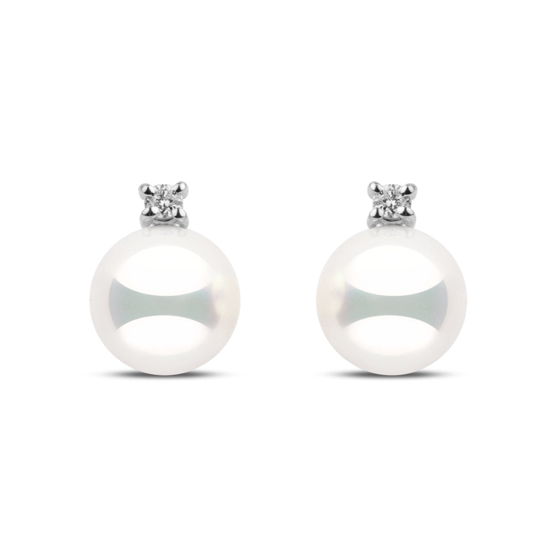 7.5–8.0 mm natural white Hanadama akoya pearl earrings with 0.06 cttw G-VS1 diamonds in 14k white gold. Certified in Japan for brilliance and luster.