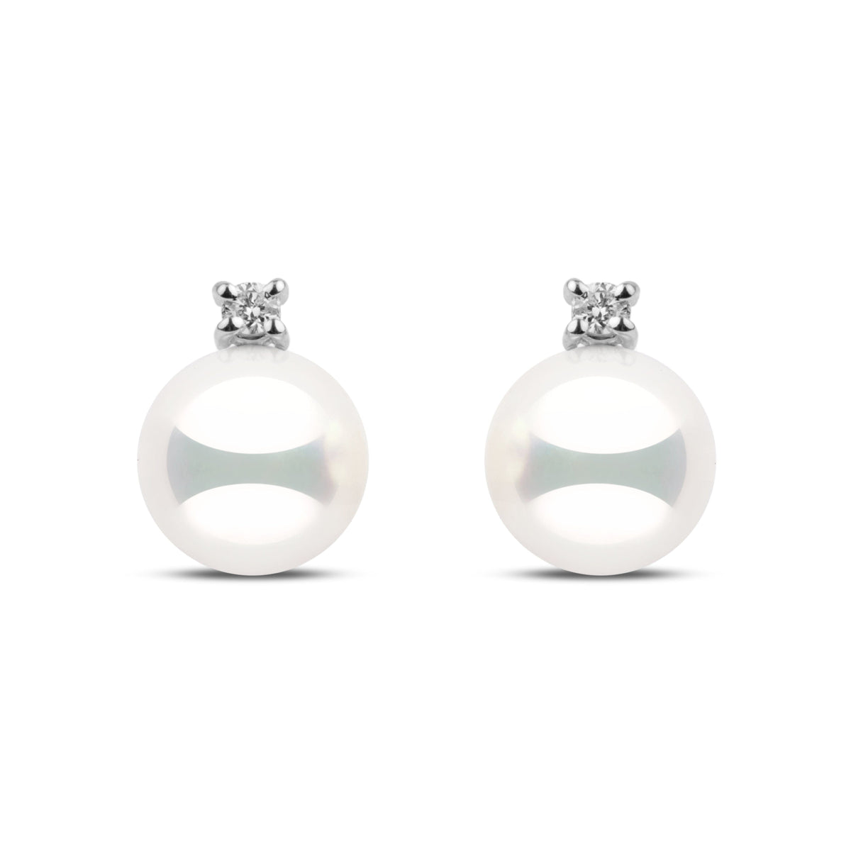 7.5–8.0 mm natural white Hanadama akoya pearl earrings with 0.06 cttw G-VS1 diamonds in 14k white gold. Certified in Japan for brilliance and luster.