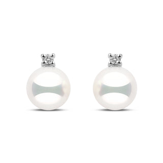 7.5–8.0 mm natural white Hanadama akoya pearl earrings with 0.06 cttw G-VS1 diamonds in 14k white gold. Certified in Japan for brilliance and luster.