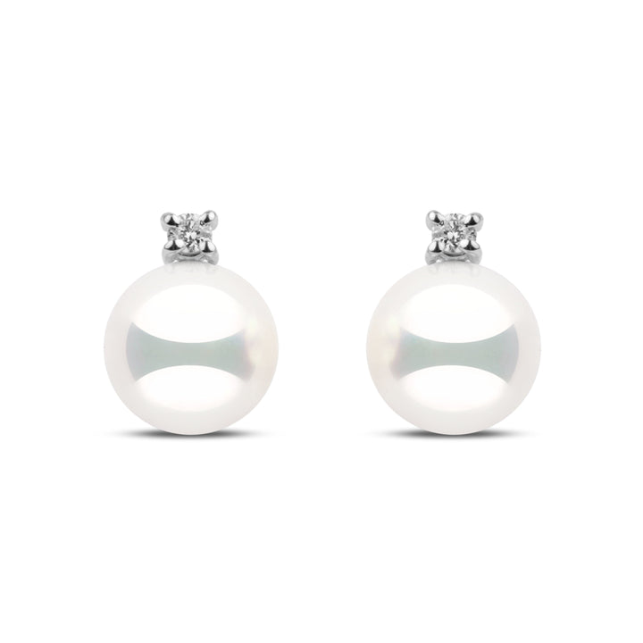 7.5–8.0 mm natural white Hanadama akoya pearl earrings with 0.06 cttw G-VS1 diamonds in 14k white gold. Certified in Japan for brilliance and luster.
