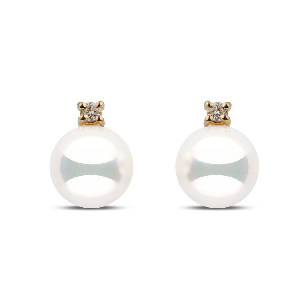 7.5–8.0 mm natural white Hanadama akoya pearl earrings with 0.06 cttw G-VS1 diamonds in 14k yellow gold. Certified in Japan for brilliance and luster.