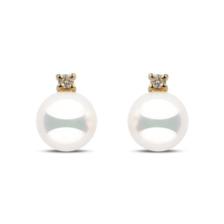 7.5–8.0 mm natural white Hanadama akoya pearl earrings with 0.06 cttw G-VS1 diamonds in 14k yellow gold. Certified in Japan for brilliance and luster.