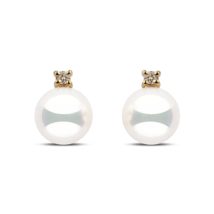 7.5–8.0 mm natural white Hanadama akoya pearl earrings with 0.06 cttw G-VS1 diamonds in 14k yellow gold. Certified in Japan for brilliance and luster.
