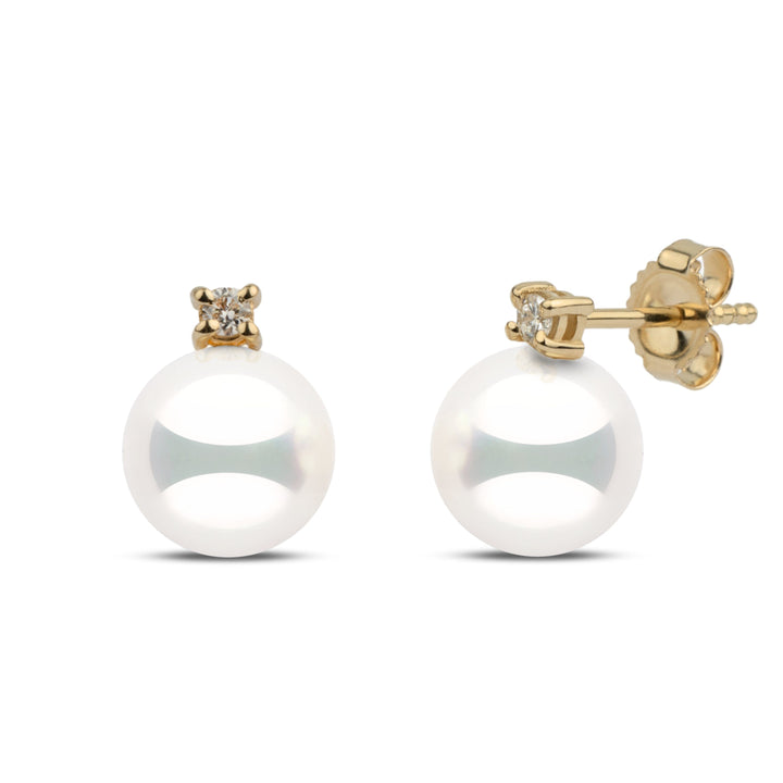 Starlight Collection 7.5-8.0 mm Natural White Hanadama Pearl and Diamond Stud Earrings yellow gold