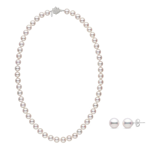 7.5-8.0 mm GIA Hanadama Akoya Pearl Set featuring a classic white pearl necklace with matching stud earrings, showcasing lustrous cultured akoya pearls with a 14K white gold clasp.
