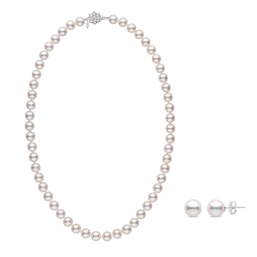 7.5-8.0 mm GIA Hanadama Akoya Pearl Set featuring a classic white pearl necklace with matching stud earrings, showcasing lustrous cultured akoya pearls with a 14K white gold clasp.
