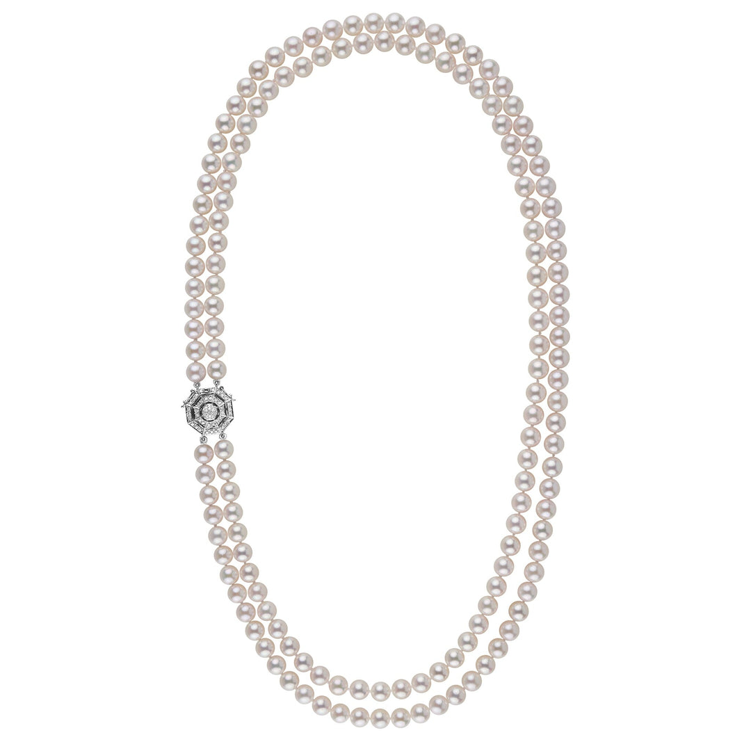 7.5-8 mm AAA Akoya Pearl Long Double Strand with Diamond Clasp Necklace