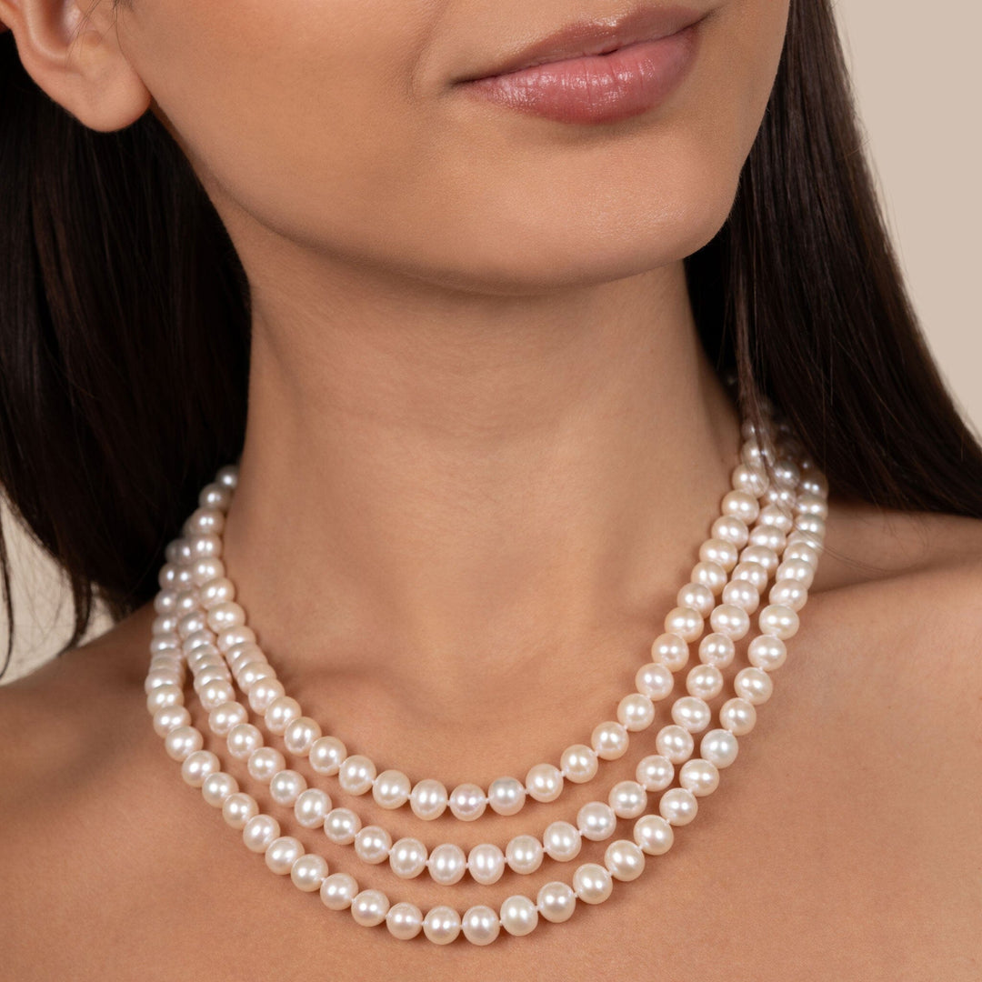 7.5-8.0 mm Triple-Strand AA+ White Freshwater Cultured Pearl Necklace