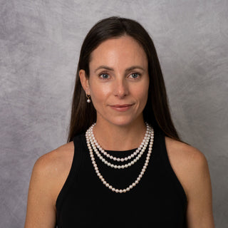 Model Wearing 7.5-8 mm Akoya pearl strands in 16, 18 and 22 inches