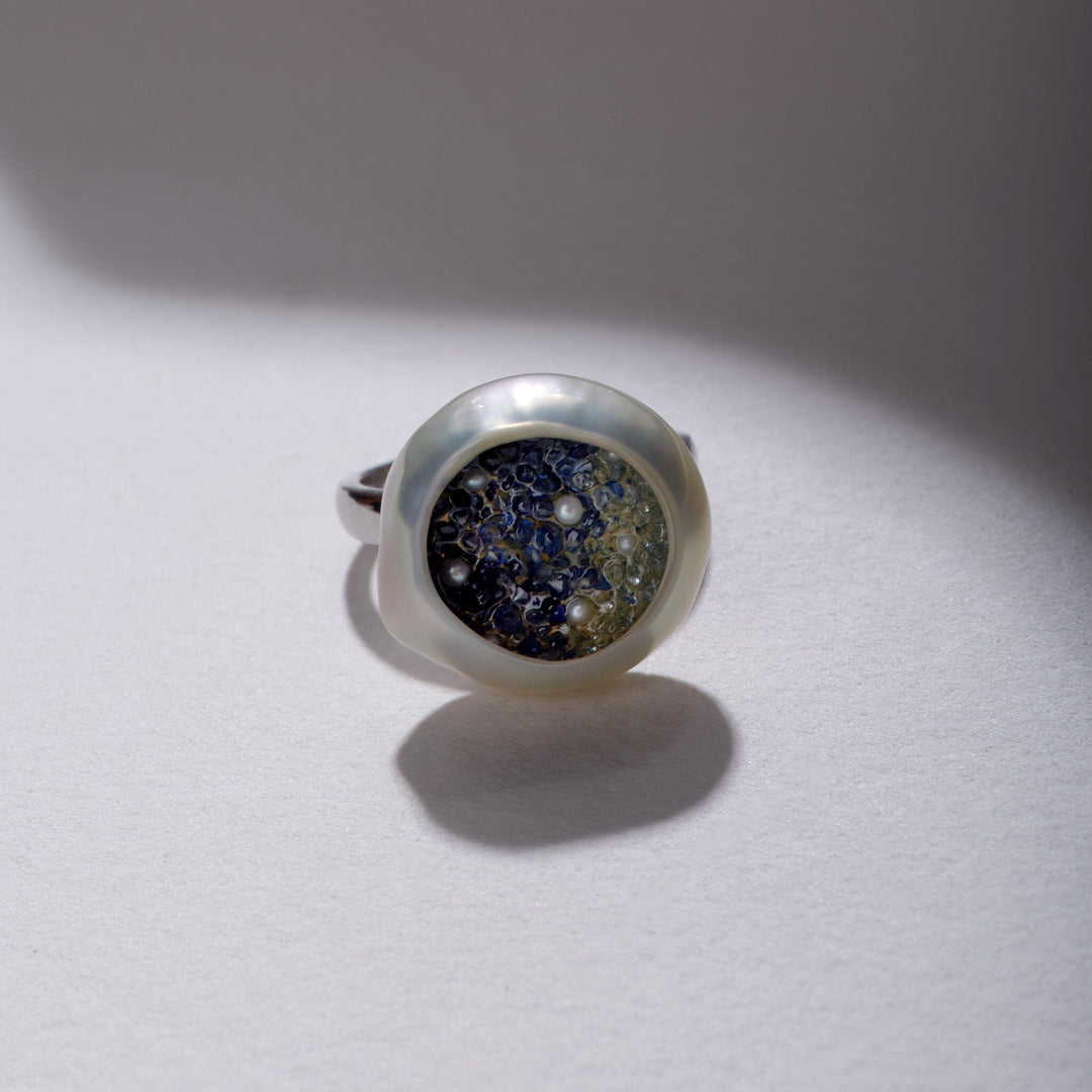 Freshwater Souffle Pearl Finestrino Ring with Blue Sapphire Ombre and Seed Pearls