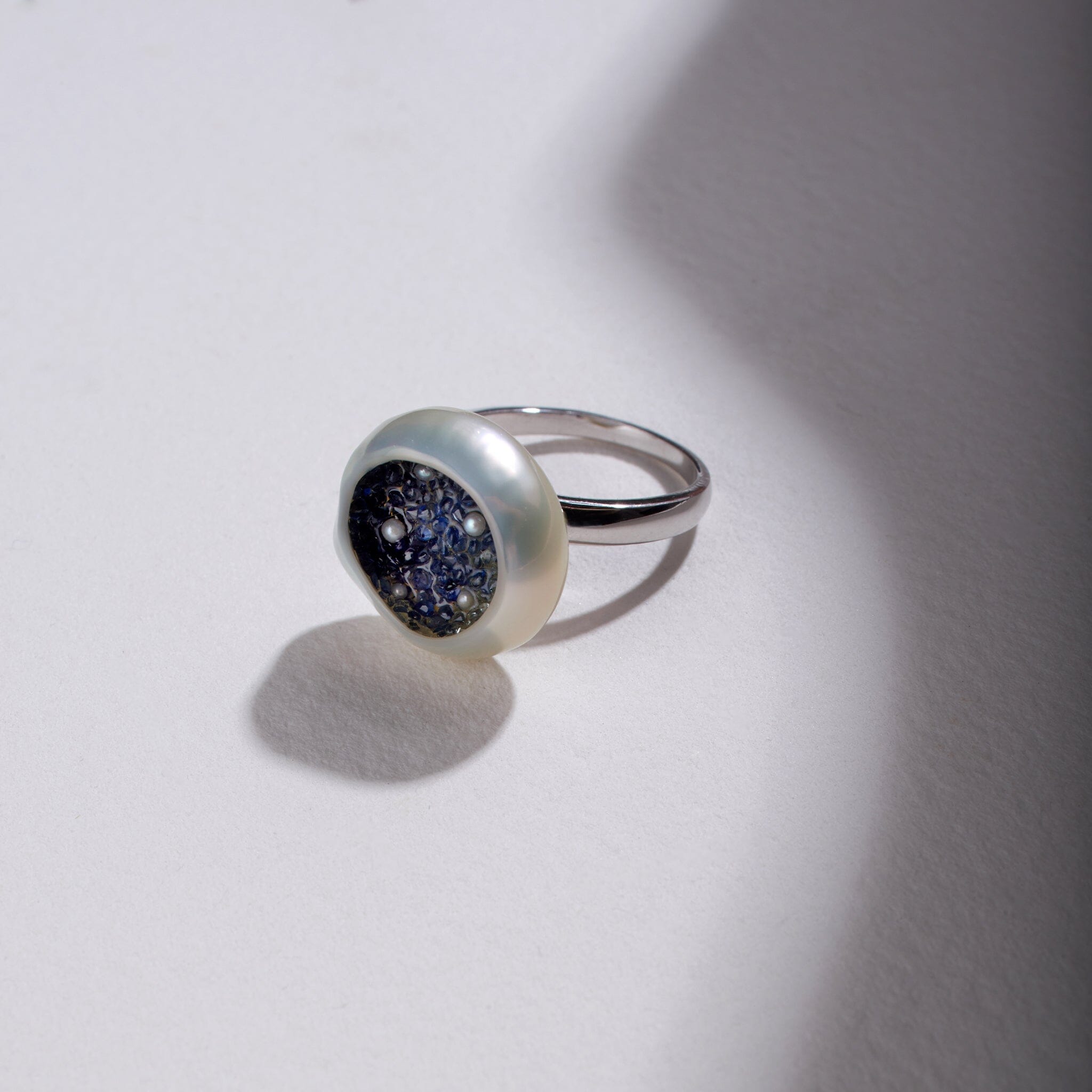Freshwater Souffle Pearl Finestrino Ring with Blue Sapphire Ombre and Seed Pearls