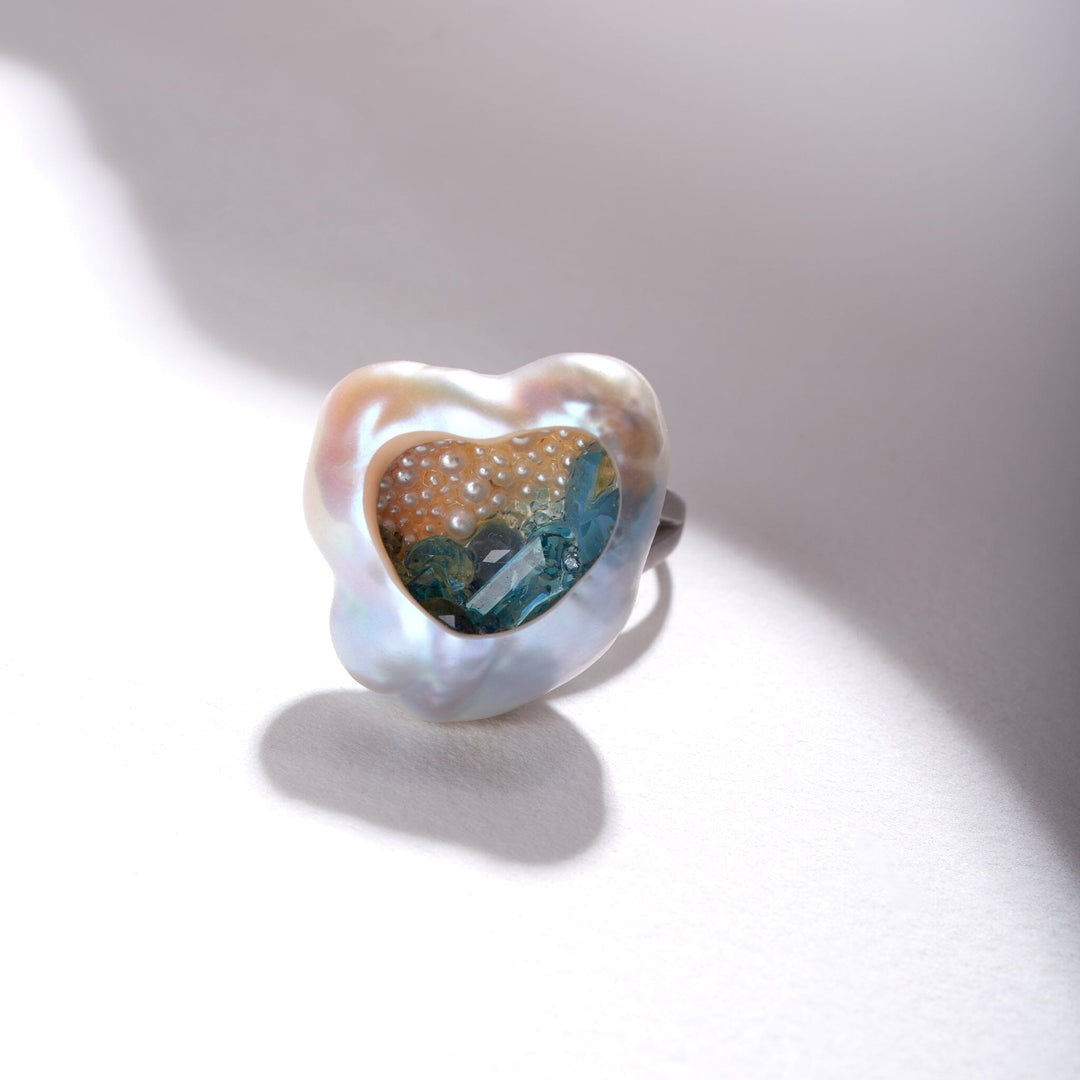 Freshwater Souffle Pearl Finestrino Ring with Blue Topaz and Seed Pearl