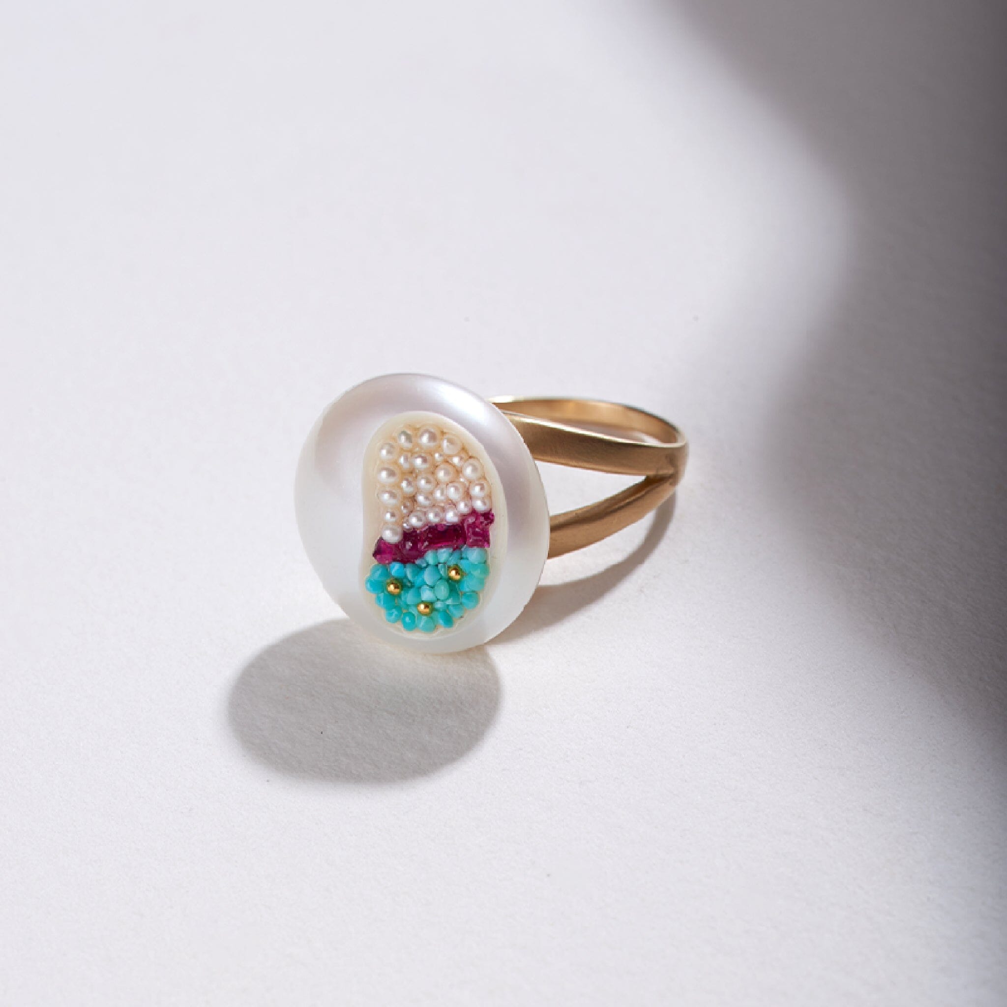 Freshwater Coin Pearl Finestrino Ring With Turquoise, Ruby, Seed Pearls and 22K Gold Beads