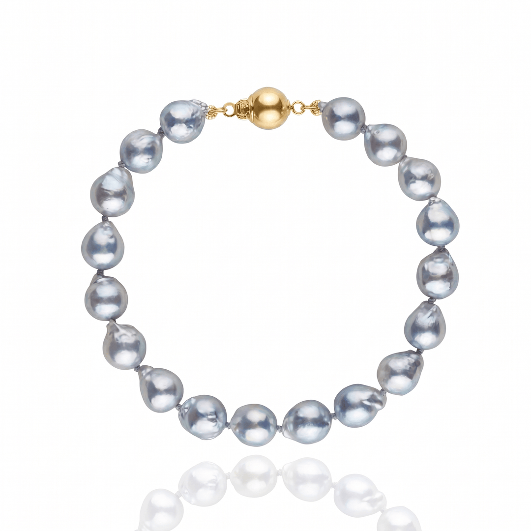 7.5-8.0 mm Silver Blue Akoya Baroque Pearl Bracelet with a yellow gold clasp
