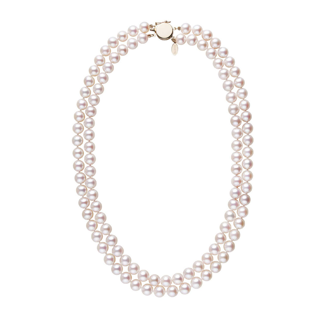 7.5-8.0 mm White Freshadama Freshwater Pearl Double Strand Circle Clasp Necklace Yellow Gold