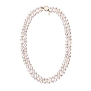 7.5-8.0 mm White Freshadama Freshwater Pearl Double Strand Circle Clasp Necklace Yellow Gold