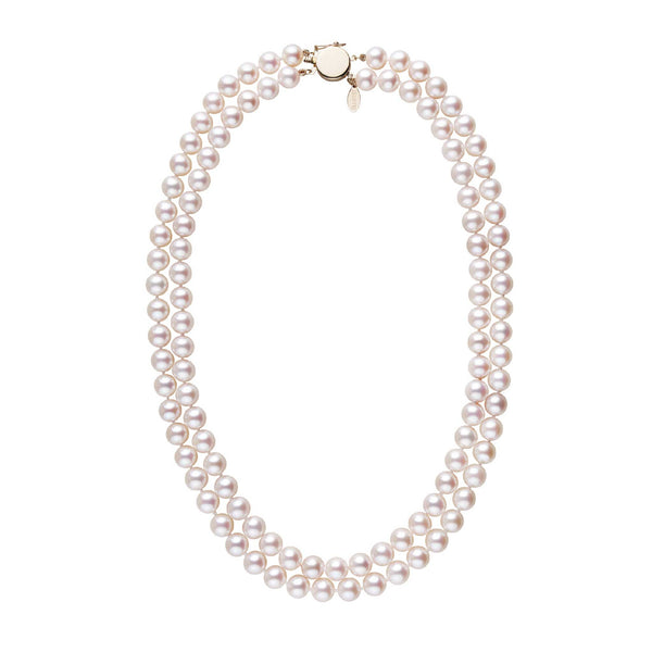 7.5-8.0 mm White Freshadama Freshwater Pearl Double Strand Circle Clasp Necklace Yellow Gold