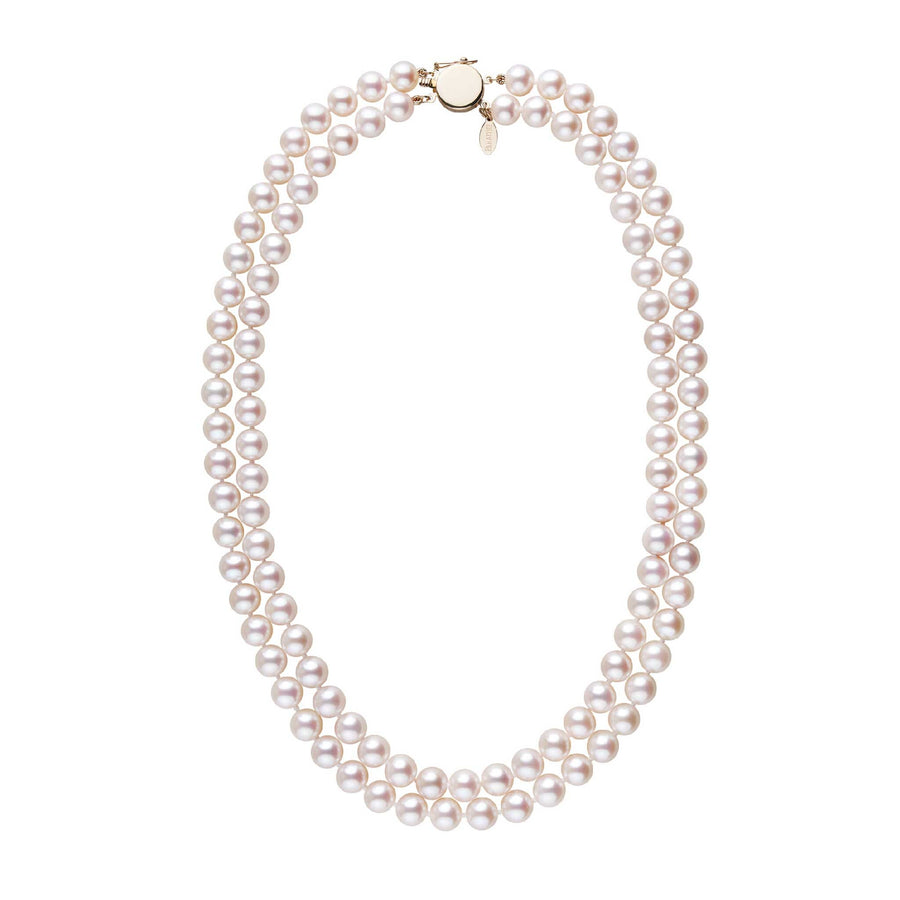 7.5-8.0 mm White Freshadama Freshwater Pearl Double Strand Circle Clasp Necklace Yellow Gold