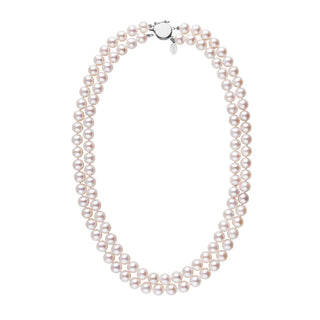 7.5-8.0 mm White Freshadama Freshwater Pearl Double Strand Circle Clasp Necklace White Gold