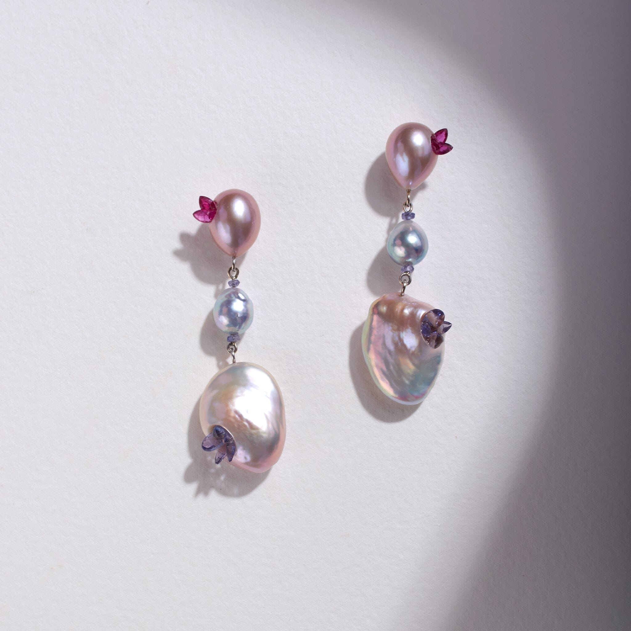 Freshwater Souffle and Vietnamese Blue Akyoa Pearl Point Dangle Earrings with Rubies and Tanzanite