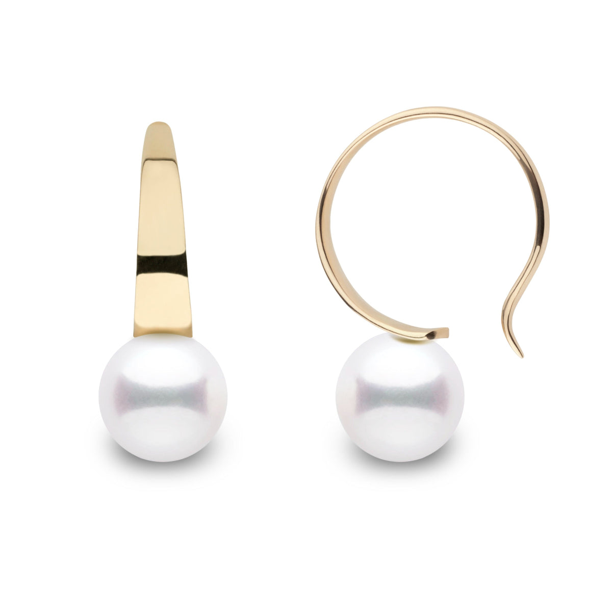 Large Crescent Collection White Akoya 8.0-8.5 mm Pearl Hoop Earrings with lustrous white akoya pearls set on elegant gold hoops, showcasing classic cultured pearl elegance.