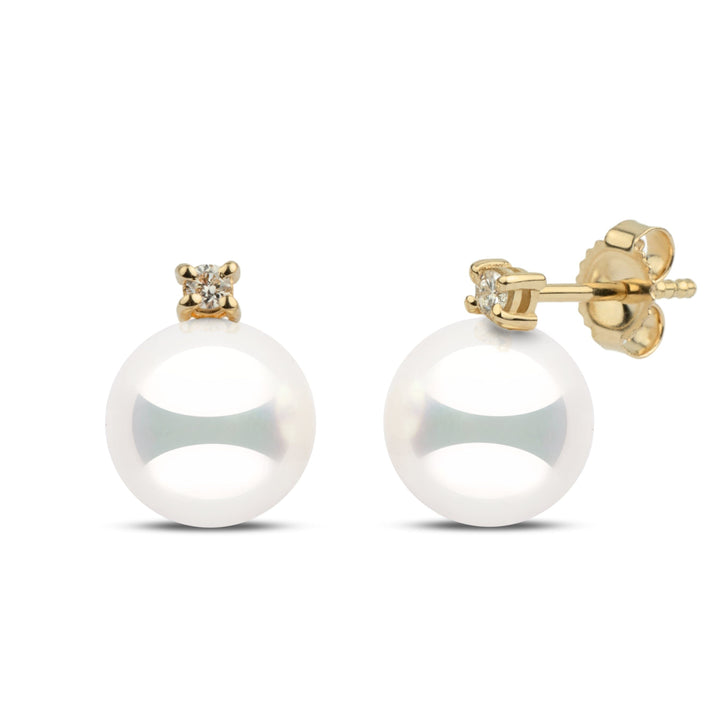 8.0-8.5 mm Natural White Hanadama Pearl & Diamond Starlight Earrings in Yellow Gold