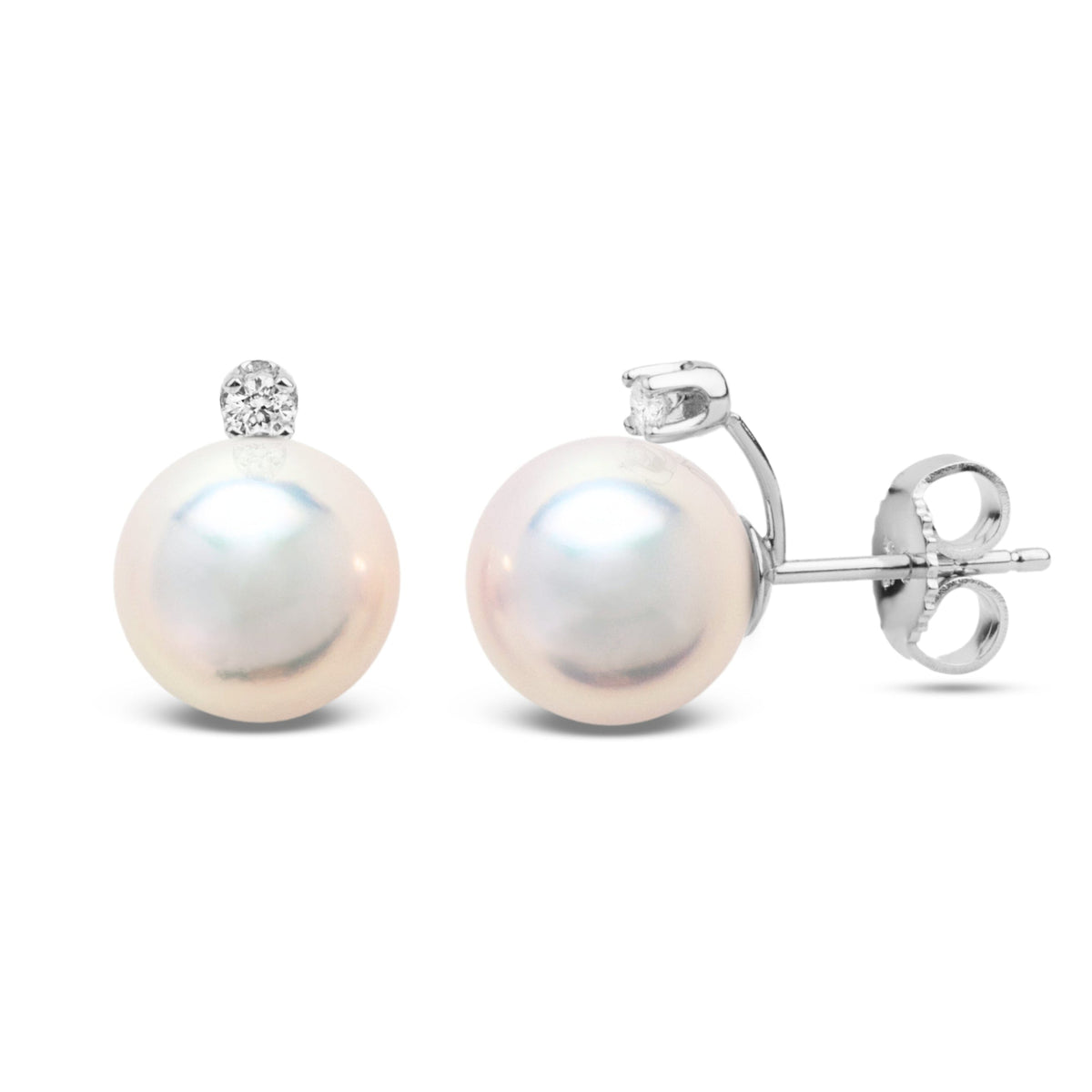 Starlight Collection 8.0-8.5 mm White Hanadama Pearl and Diamond Stud Earrings