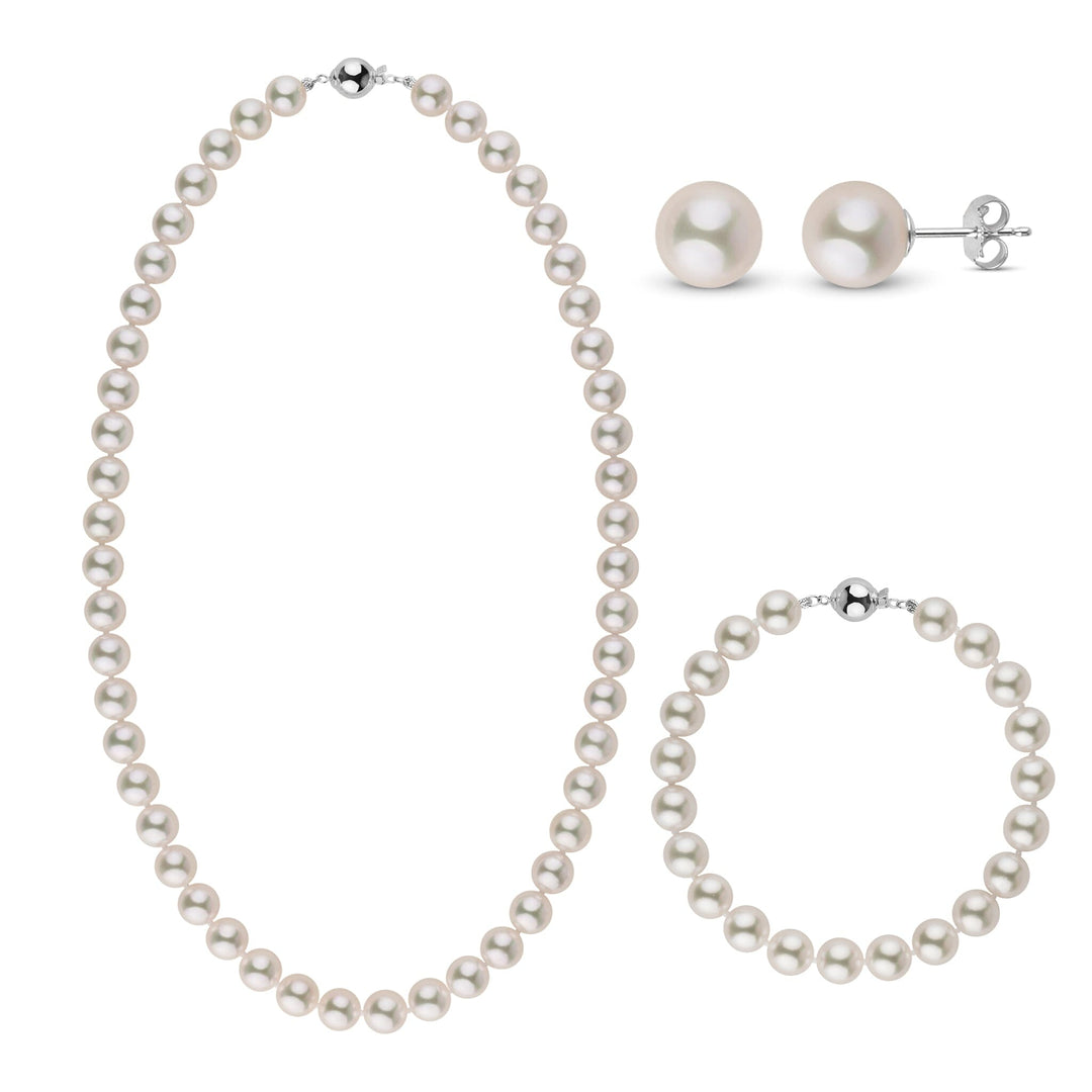 8.0-8.5 mm AAA Warm White Strong Silver Tone Akoya Pearl 18 Inch 3 Piece Set