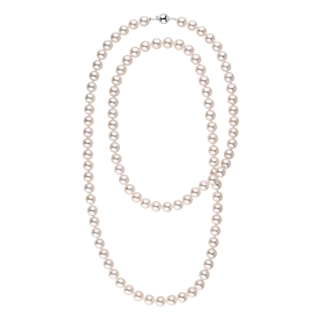 8.0-8.5 mm 35 Inch AAA White Akoya Pearl Necklace featuring lustrous white akoya pearls with a classic round shape and elegant silver clasp.