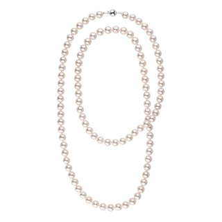 8.0-8.5 mm 35 Inch AAA White Akoya Pearl Necklace featuring lustrous white akoya pearls with a classic round shape and elegant 14K white gold clasp.