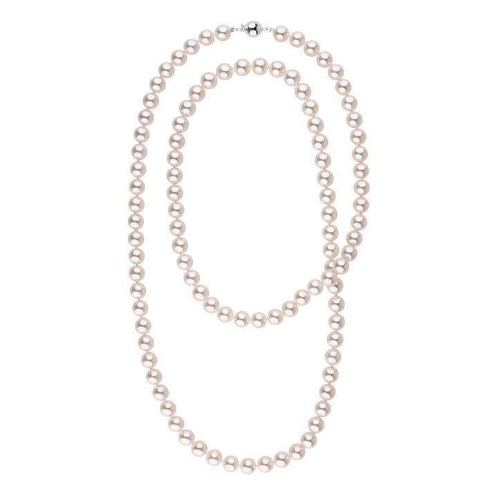 8.0-8.5 mm 35 Inch AAA White Akoya Pearl Necklace featuring lustrous white akoya pearls with a classic round shape and elegant silver clasp.