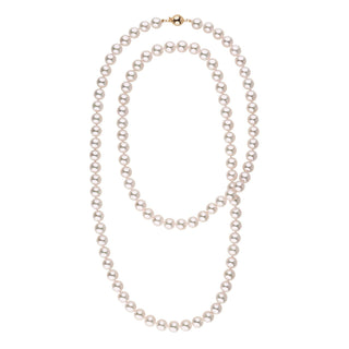 8.0-8.5 mm 35 Inch AAA White Akoya Pearl Necklace featuring lustrous, round cultured akoya pearls with a gold clasp, elegant and timeless fine pearl strand for sale.
