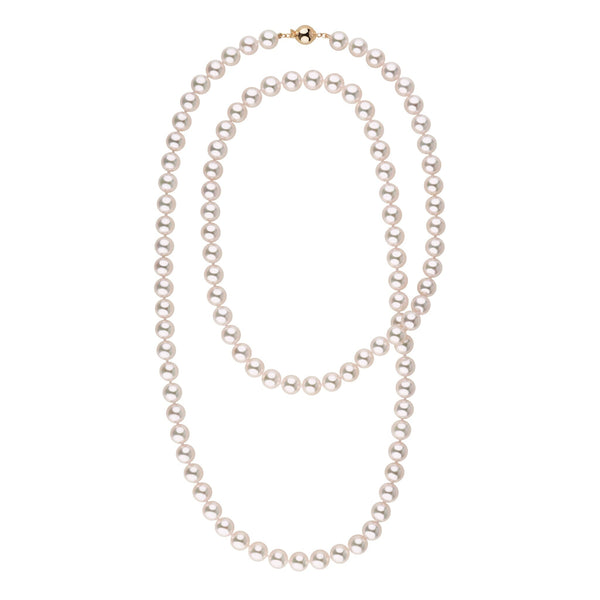 8.0-8.5 mm 35 Inch AAA White Akoya Pearl Necklace featuring lustrous, round cultured akoya pearls with a gold clasp, elegant and timeless fine pearl strand for sale.