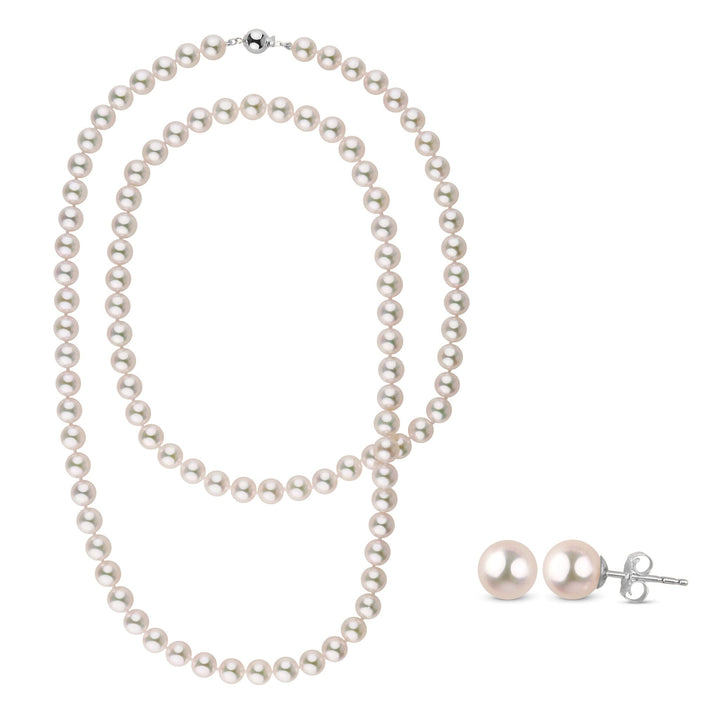 8.0-8.5 mm 35 Inch AAA Blush White Silver Tone Akoya Pearl Necklace & Stud Earring Set