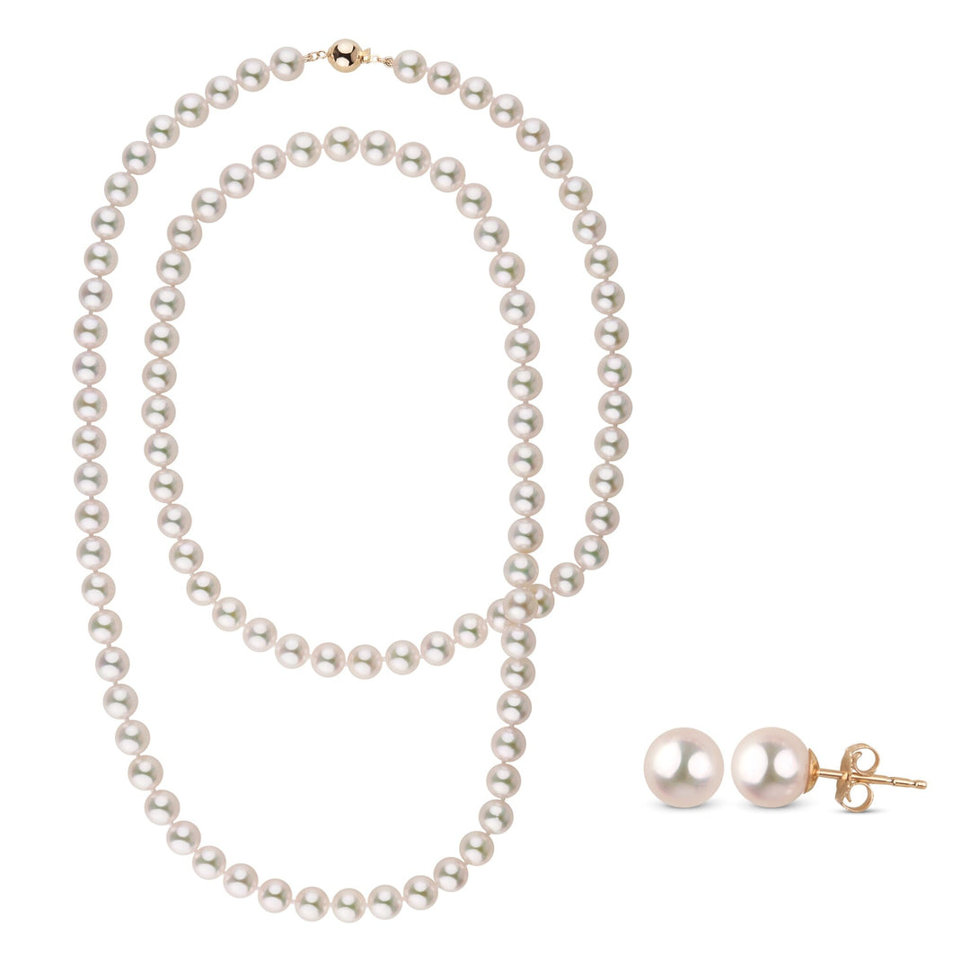 8.0-8.5 mm 35 Inch AAA Blush White Silver Tone Akoya Pearl Necklace & Stud Earring Set
