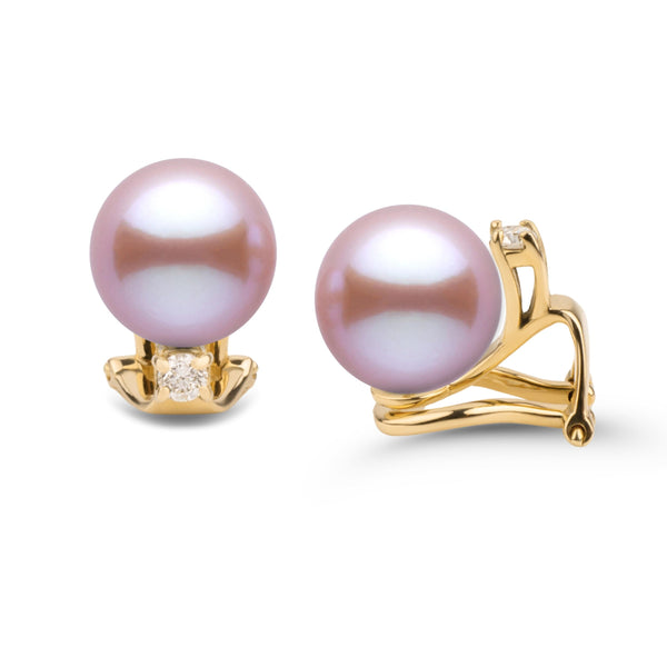 Starlight Clip Collection 8.5-9.0 mm Lavender Freshadama Pearl & Diamond Earrings featuring round lavender pearls set on elegant gold clips with sparkling diamond accents.