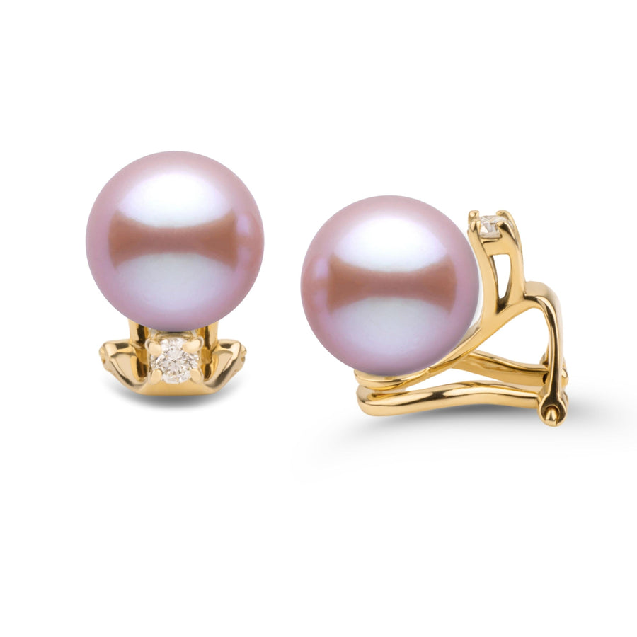 Starlight Clip Collection 8.5-9.0 mm Lavender Freshadama Pearl & Diamond Earrings featuring round lavender pearls set on elegant gold clips with sparkling diamond accents.