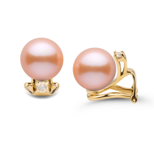 Starlight Clip Collection 8.5-9.0 mm Pink to Peach Freshadama Pearl & Diamond Earrings featuring lustrous pink to peach freshwater pearls set on elegant gold clip backs with sparkling diamonds.