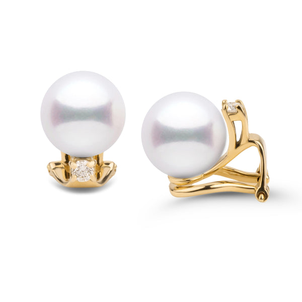 Starlight Clip Collection 8.5-9.0 mm White Freshadama Pearl & Diamond Earrings featuring lustrous white pearls set on elegant yellow gold clips with sparkling diamond accents.