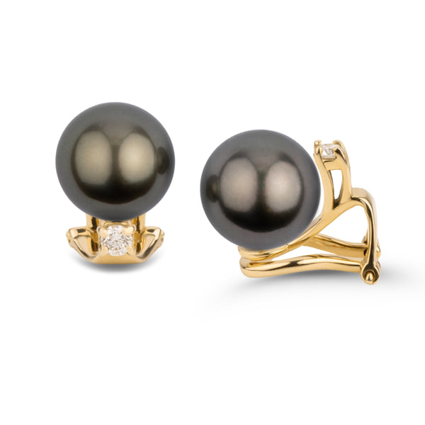 Starlight Clip Collection 8.0-9.0 mm Tahitian Pearl & Diamond Earrings featuring lustrous dark Tahitian pearls set on elegant yellow gold clips accented with small diamonds.