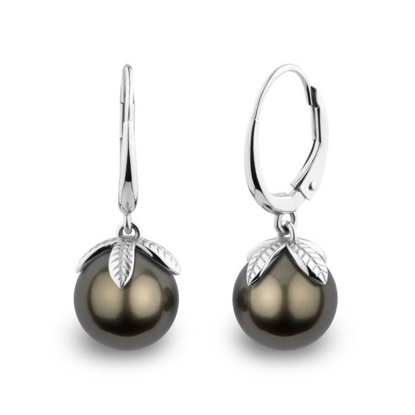 Leaf Collection 8.0-9.0 mm Tahitian Pearl Earrings featuring dark cultured pearls with 14K white gold leaf-shaped accents and leverback closures, elegant and refined pearl earrings.
