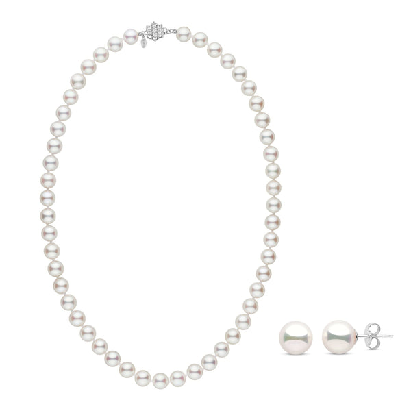 Elegant 8.0-8.5 mm GIA Hanadama Akoya Pearl Set featuring a classic white pearl necklace with a 14K white gold clasp and matching stud pearl earrings.
