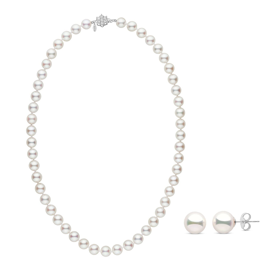 Elegant 8.0-8.5 mm GIA Hanadama Akoya Pearl Set featuring a classic white pearl necklace with a 14K white gold clasp and matching stud pearl earrings.