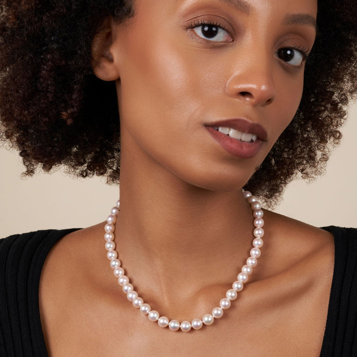 8.0-8.5 mm 16 Inch AAA Blush White Silver Rose Tone Akoya Pearl Necklace