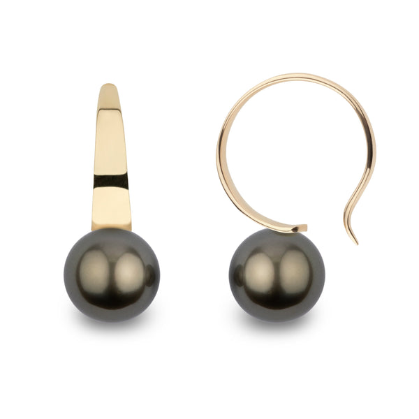 Large Crescent Collection 8.0-9.0 mm Tahitian Pearl Hoop Earrings featuring black Tahitian pearls set on elegant gold hoops, combining classic style with modern crescent design.