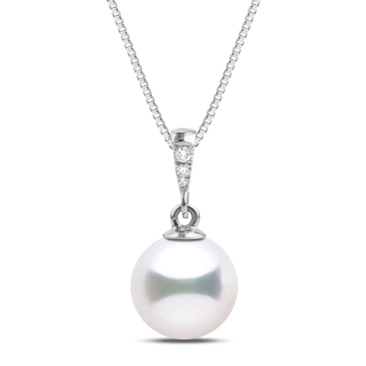 Grace Collection 8.5-9.0 mm Akoya Pearl and Diamond Pendant featuring a lustrous white akoya pearl set with sparkling diamonds on a delicate 14K white gold chain.
