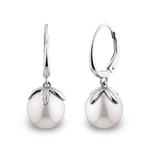 Leaf Collection 8.5-9.0 mm White Freshadama Pearl Earrings featuring lustrous white freshwater pearls accented with delicate 14K white gold leaf designs and secure lever-back clasps.