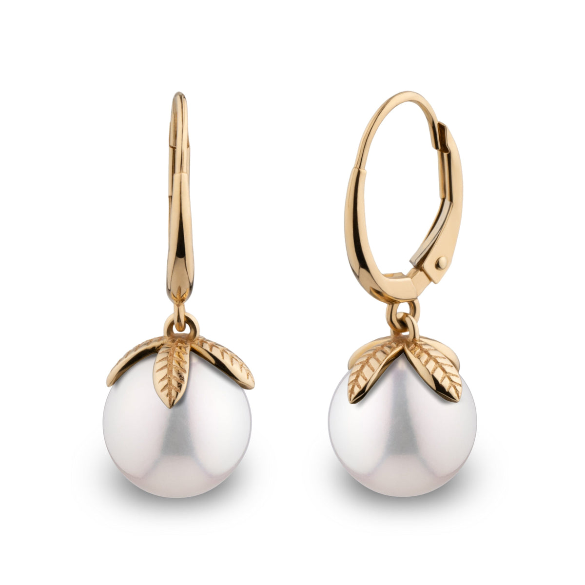 Leaf Collection 8.5-9.0 mm White Freshadama Pearl Earrings featuring round white freshwater pearls adorned with delicate gold leaf accents and gold lever-back closures.