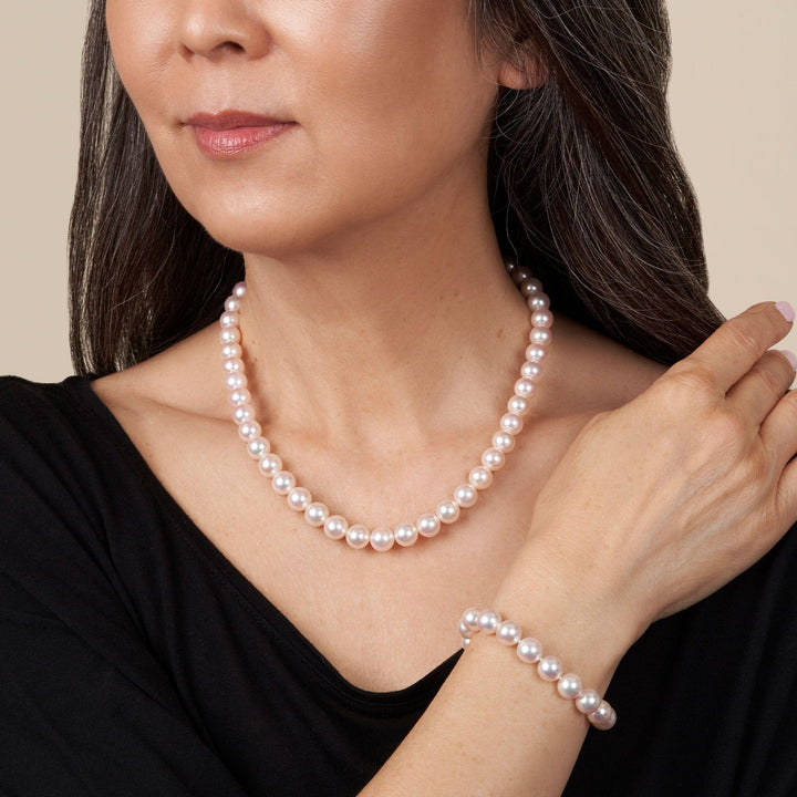 8.5-9.0 mm AAA Blush White Silver Rose Tone Akoya Pearl 18 Inch Necklace & Bracelet Set